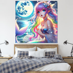 Anime Girl Singing Moonlight Pixie Rainbow Mermaid Canvas Print