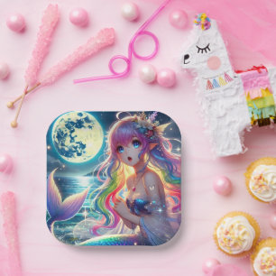 Anime Girl Singing Moonlight Pixie Rainbow Mermaid Paper Plate