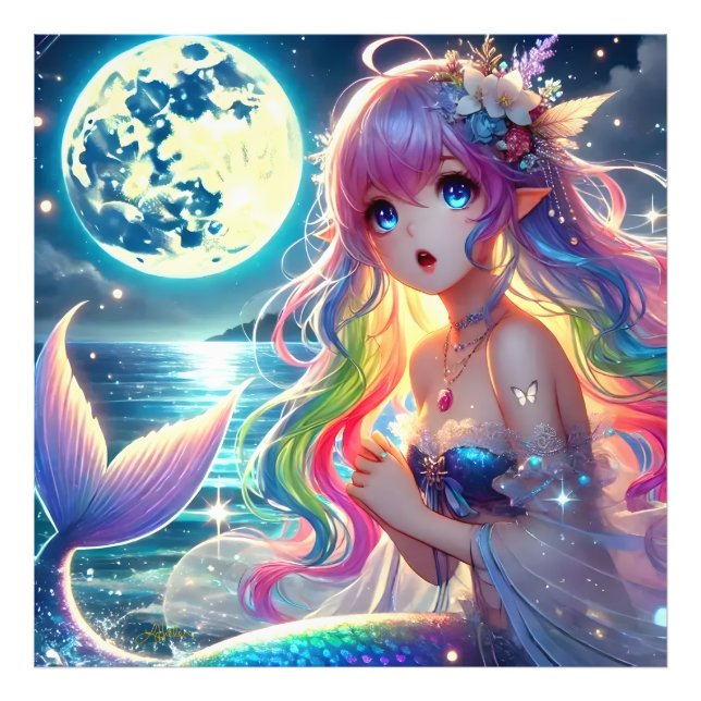 Anime Girl Singing Moonlight Pixie Rainbow Mermaid Photo Print (Front)