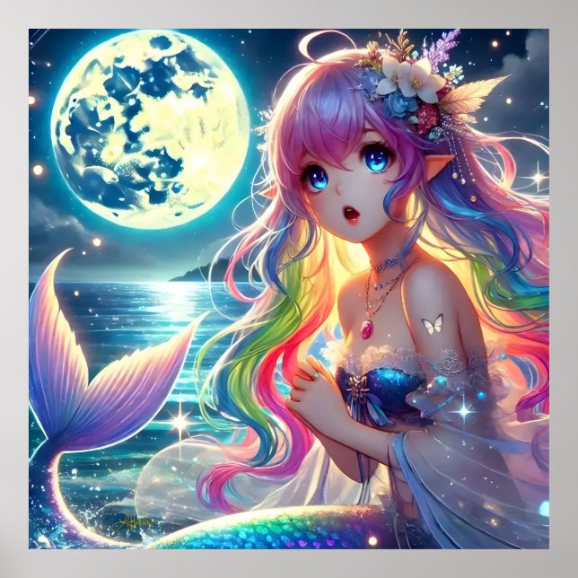 Anime Girl Singing Moonlight Pixie Rainbow Mermaid Poster (Front)