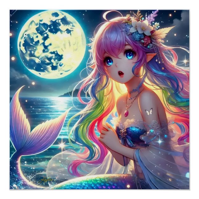 Anime Girl Singing Moonlight Pixie Rainbow Mermaid Poster (Front)