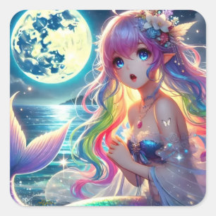 Anime Girl Singing Moonlight Pixie Rainbow Mermaid Square Sticker