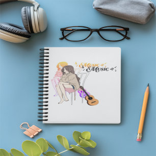 Anime Girl Sitting with getar& Music Notes–Aesthe Notebook