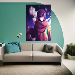 Anime girl, stars and cloud   AI Art Poster