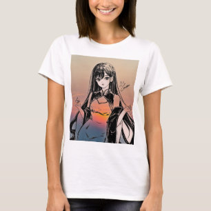 Anime Girl Sunset Art T Shirt Round Neck