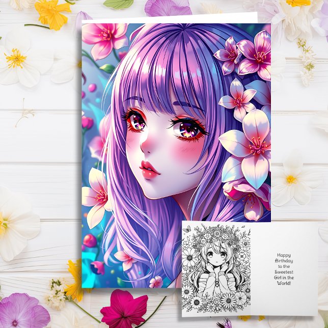 Anime Girl Themed Colouring Page Birthday Card (Creator Uploaded)