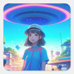 Anime Girl under a UFO in the City Square Sticker