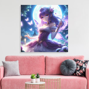 Anime Girl Violet Butterfly Wing Moon Fairy  Canvas Print