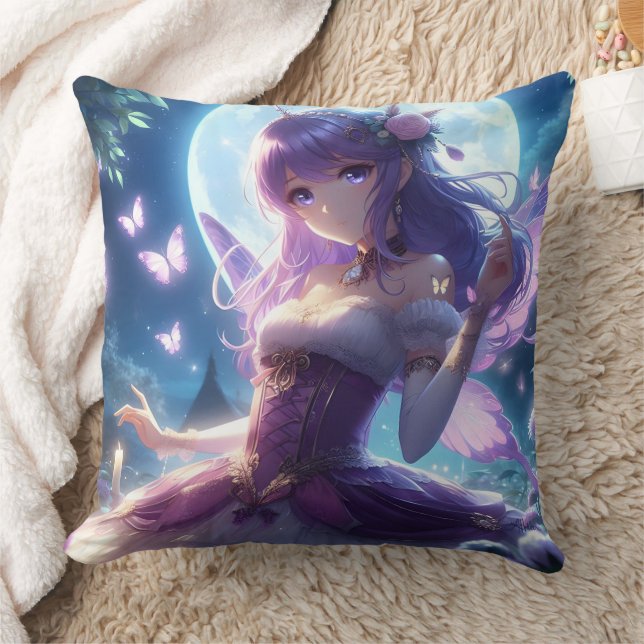 Anime Girl Violet Butterfly Wing Moon Fairy  Cushion (Blanket)