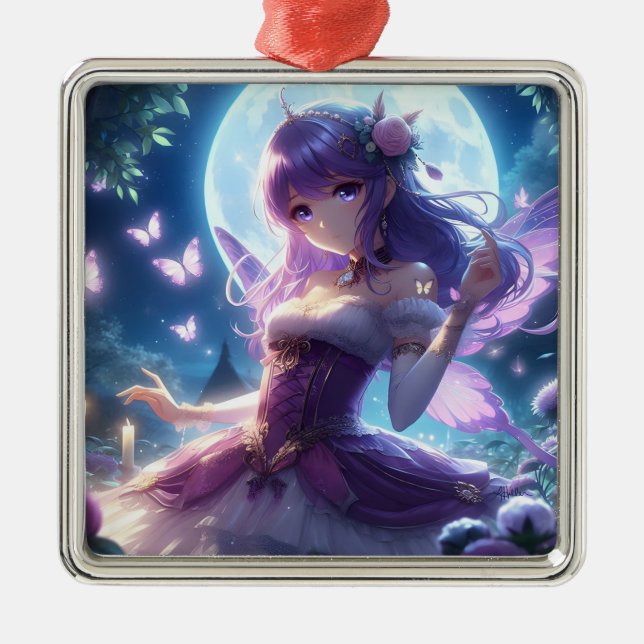 Anime Girl Violet Butterfly Wing Moon Fairy  Metal Tree Decoration (Front)