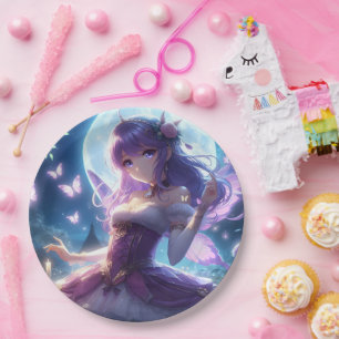 Anime Girl Violet Butterfly Wing Moon Fairy Paper Plate