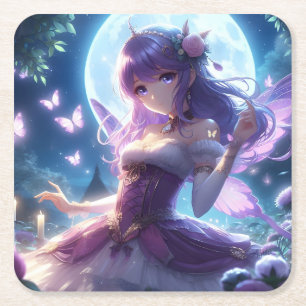Anime Girl Violet Butterfly Wing Moon Fairy  Square Paper Coaster