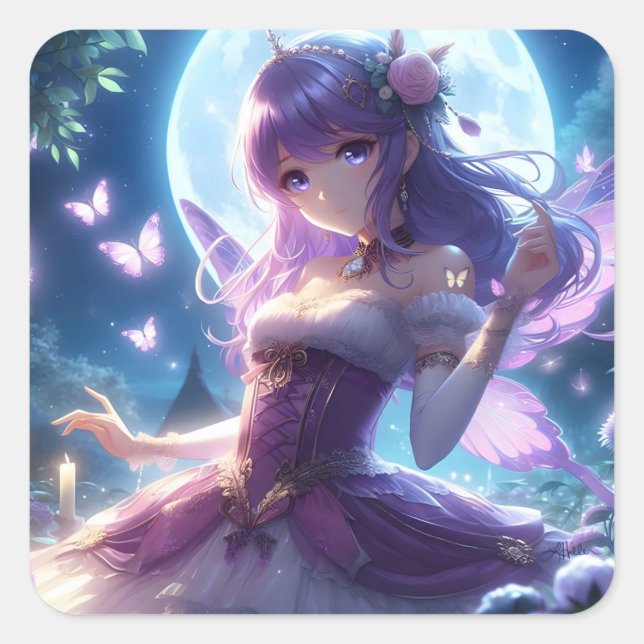 Anime Girl Violet Butterfly Wing Moon Fairy  Square Sticker (Front)