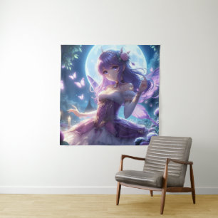 Anime Girl Violet Butterfly Wing Moon Fairy  Tapestry