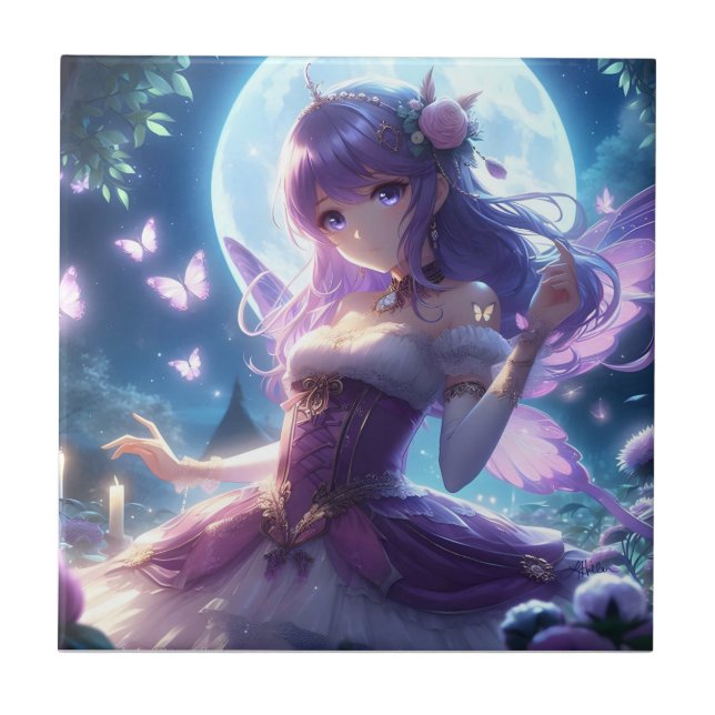 Anime Girl Violet Butterfly Wing Moon Fairy  Tile (Front)