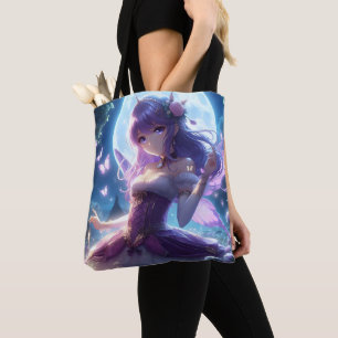 Anime Girl Violet Butterfly Wing Moon Fairy  Tote Bag