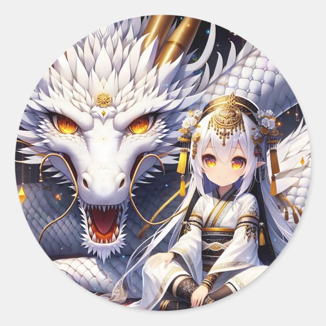 Anime Girl Warrior and Dragon Ai Art Classic Round Sticker (Front)
