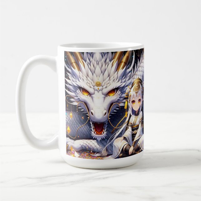 Anime Girl Warrior and Dragon Ai Art Coffee Mug (Left)