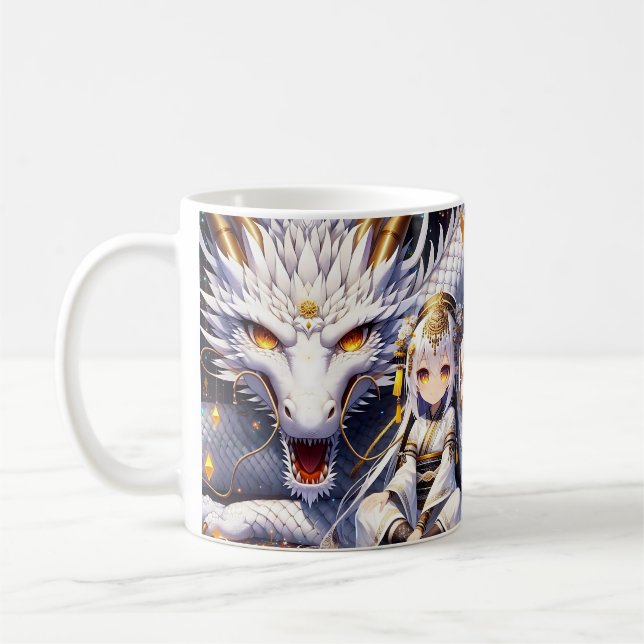 Anime Girl Warrior and Dragon Ai Art Coffee Mug (Left)