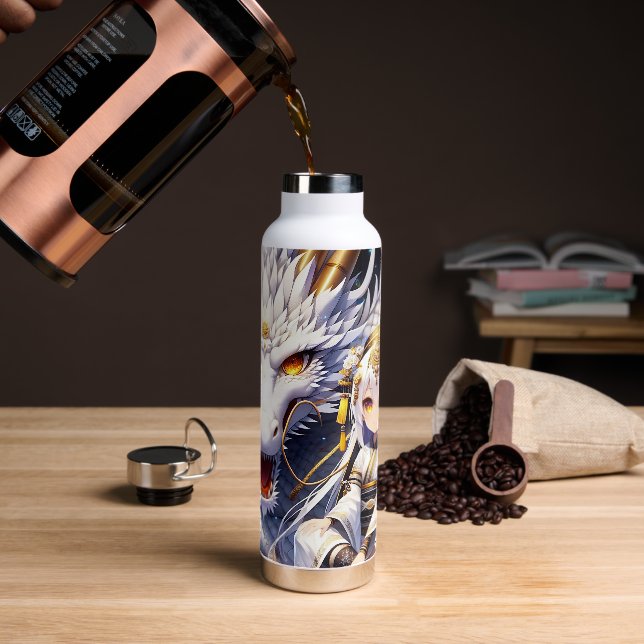 Anime Girl Warrior and Dragon Ai Art Water Bottle (Coffee)