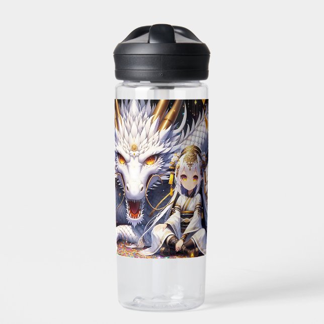 Anime Girl Warrior and Dragon Ai Art Water Bottle (Front)