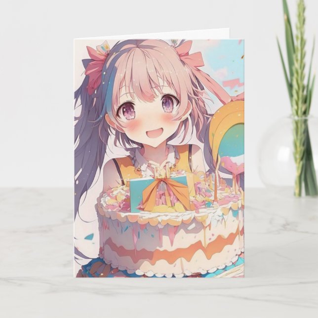 Anime Girl with Birthday Cake and Colouring Page Card (Front)