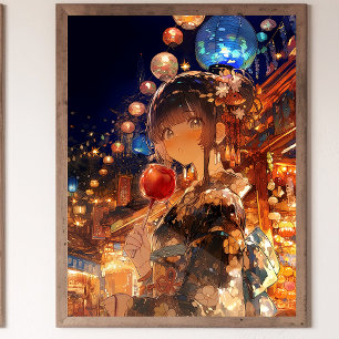 Anime Girl with Candy Apple, Matsuri Yukata Girl Poster