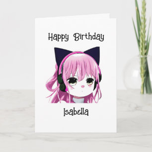 Anime Girl with Cat Ears Birthday Card