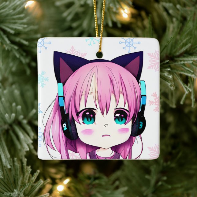 Anime Girl with Cat Ears Headband Christmas Ceramic Ornament (Tree)