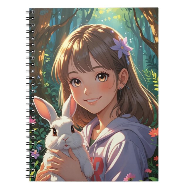 Anime Girl with Flower Ribbon and her Bunny Notebook (Front)
