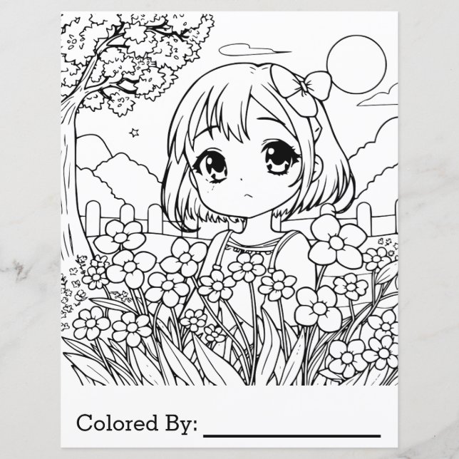 Anime Girl with Flowers | Colouring Page (Front)