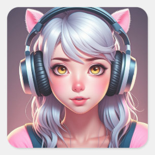 Anime Girl with Furry Ears and Headphones Square Sticker