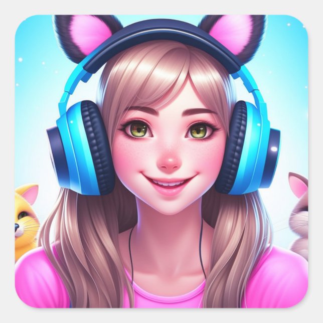 Anime Girl with Gaming Headphones Square Sticker (Front)