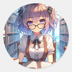 Anime Girl with Glasses at the Library Classic Round Sticker