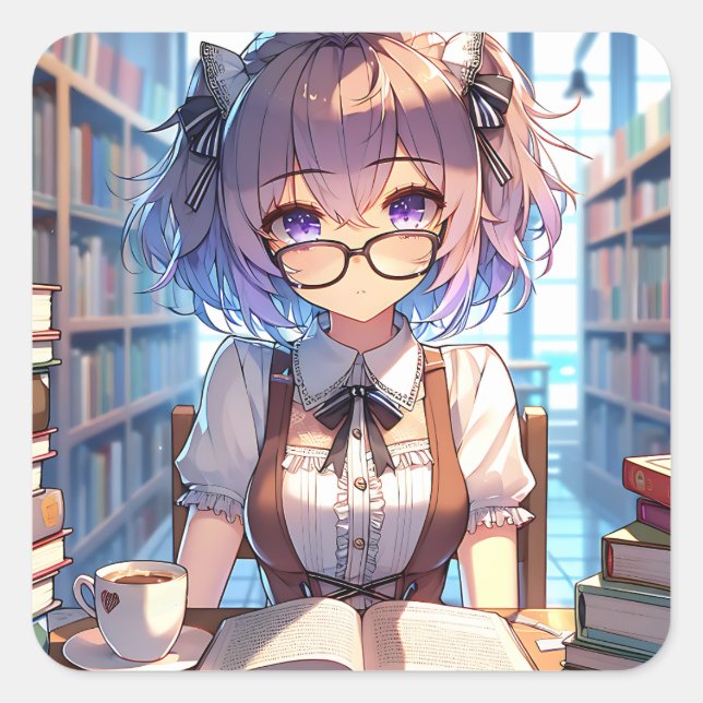 Anime Girl with Glasses at the Library  Square Sticker (Front)