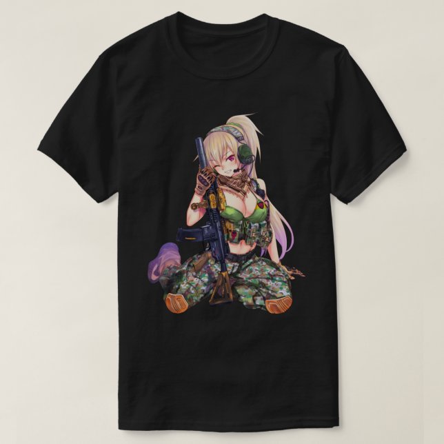 Anime girl with gun design cool            T-Shirt (Design Front)