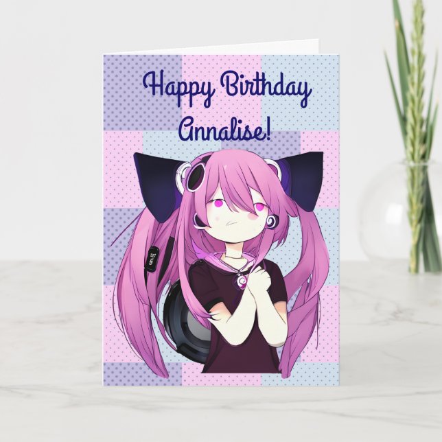 Anime Girl with Headphones Cat Ears Big Birthday  Card (Front)