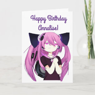 Anime Girl with Headphones Cat Ears Big Birthday Card