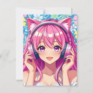 Anime Girl with Headphones Saying Hi Postcard