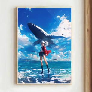 Anime Girl with Heterochromia and Flying Whale Poster