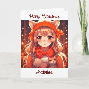 Anime Girl with Kitten Colouring Page Christmas Card