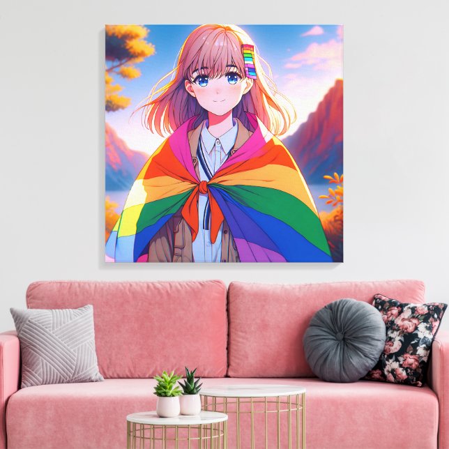 Anime Girl with LGBTQIA+ Cape  Canvas Print (Insitu(LivingRoom))