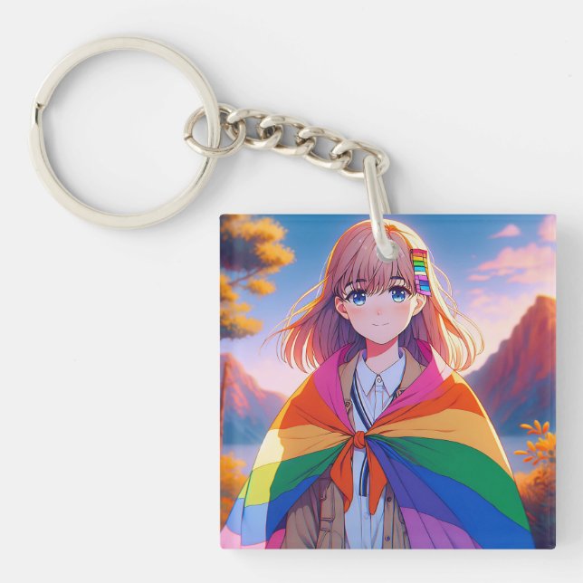 Anime Girl with LGBTQIA+ Cape   Key Ring (Front)