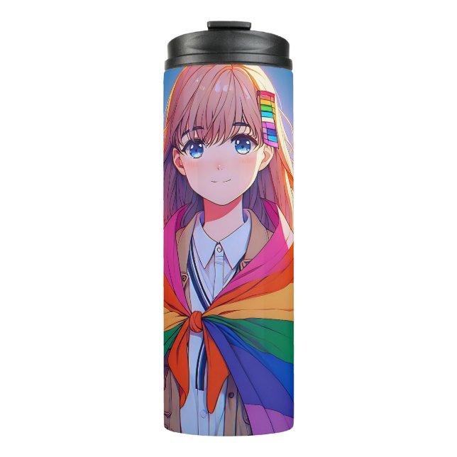 Anime Girl with LGBTQIA+ Cape   Thermal Tumbler (Front)