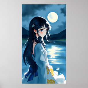 anime girl with moonlit lake and fluid brushstroke poster