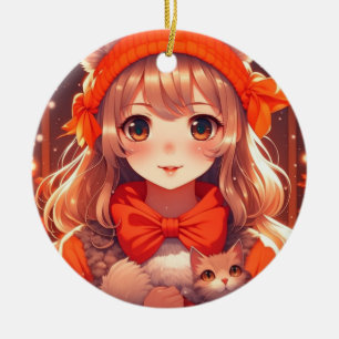 Anime Girl with Orange Kitten Christmas Ceramic Tree Decoration
