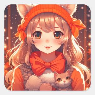 Anime Girl with Orange Kitten Christmas Square Sticker