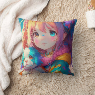 Anime Girl with Puppy Cushion