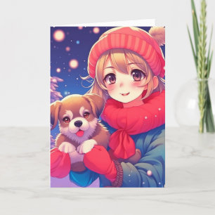 Anime Girl with Puppy Personalised Christmas Holiday Card