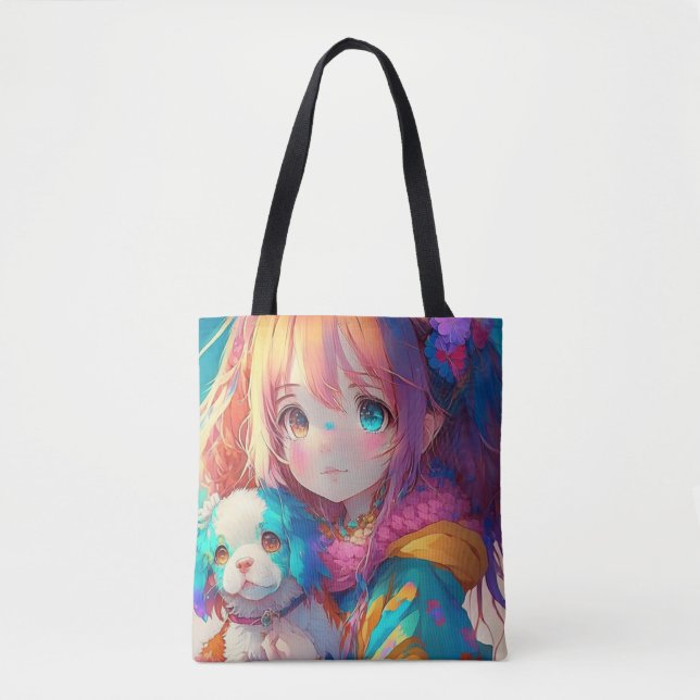 Anime Girl with Puppy Tote Bag (Front)